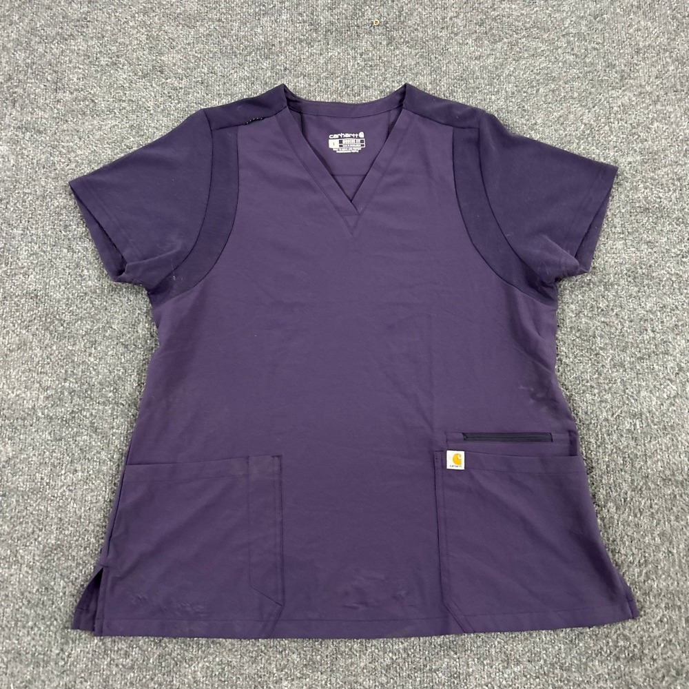 Carhartt Scrub Top Womens Size L Purple Modern Fit Force V-Neck Pocket Stains
